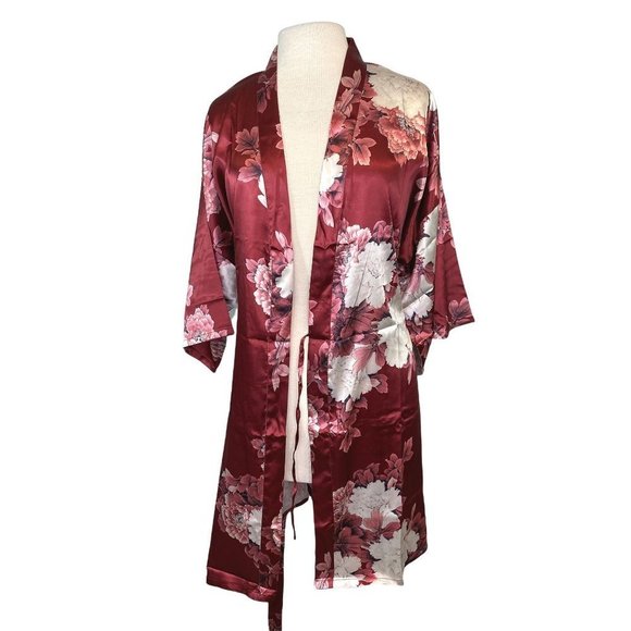 Asian-inspired Floral Kimono Robe Maroon Red w/Pink and White Flowers Womens OS - Picture 5 of 7